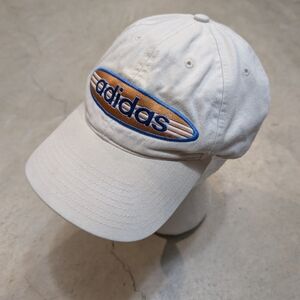 VTG 90s Adidas Beige Baseball Cap with Orange & Blue Logo Strap Back Flaw